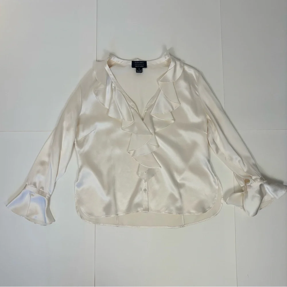 Cream Silk Ruffle Ellen Tracy Blouse - Picture 3 of 11